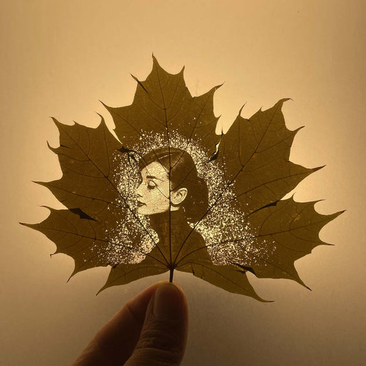Artistic depiction of Audrey Hepburn's face carved into a leaf with a person holding it
