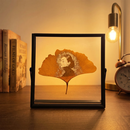 Ginkgo Leaf Art – Personalized Photo Carving in Black Metal Frame | LaMem