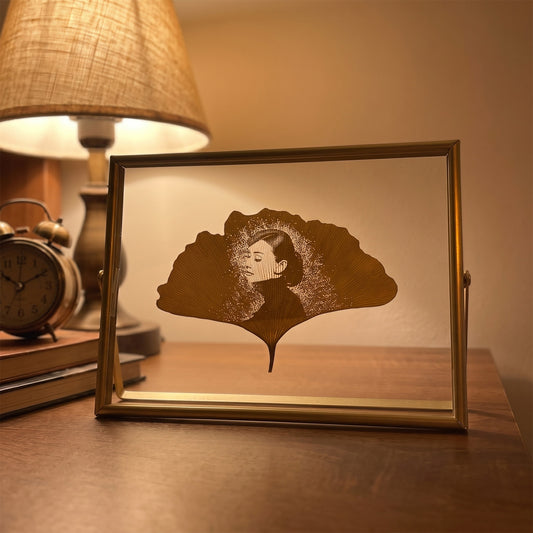Ginkgo Leaf Art – Personalized Photo Carving in 6x8 Gold Metal Frame | LaMem