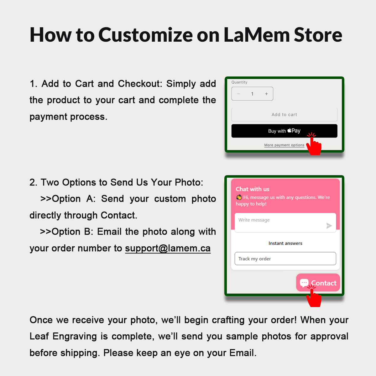 Instructions on how to customize an item on LaMem Store with contact and email options.