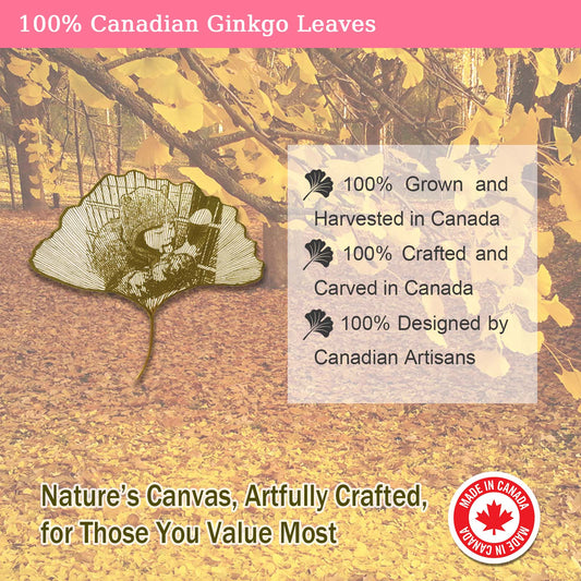 Ginkgo leaf carving with text about Canadian origin and craftsmanship on a background of autumn leaves.