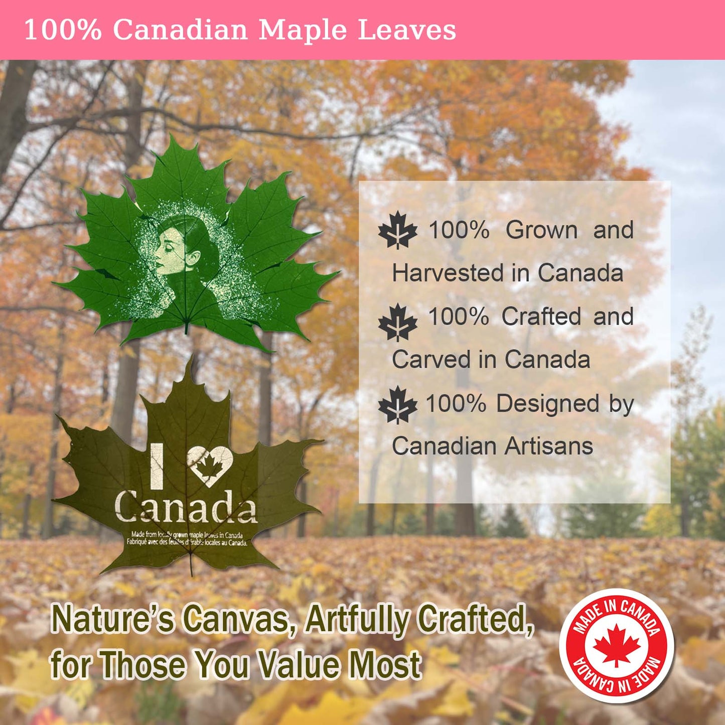 Promotional image of maple leaf products with text about Canadian origin and craftsmanship, set against a background of autumn trees.