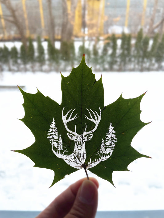 A custom maple leaf engraving featuring a Canadian deer design, held by hand against a snowy Canadian street backdrop, a unique keepsake highlighting Canadian wildlife and perfect as a tourism souvenir from our Canadian e-commerce store.