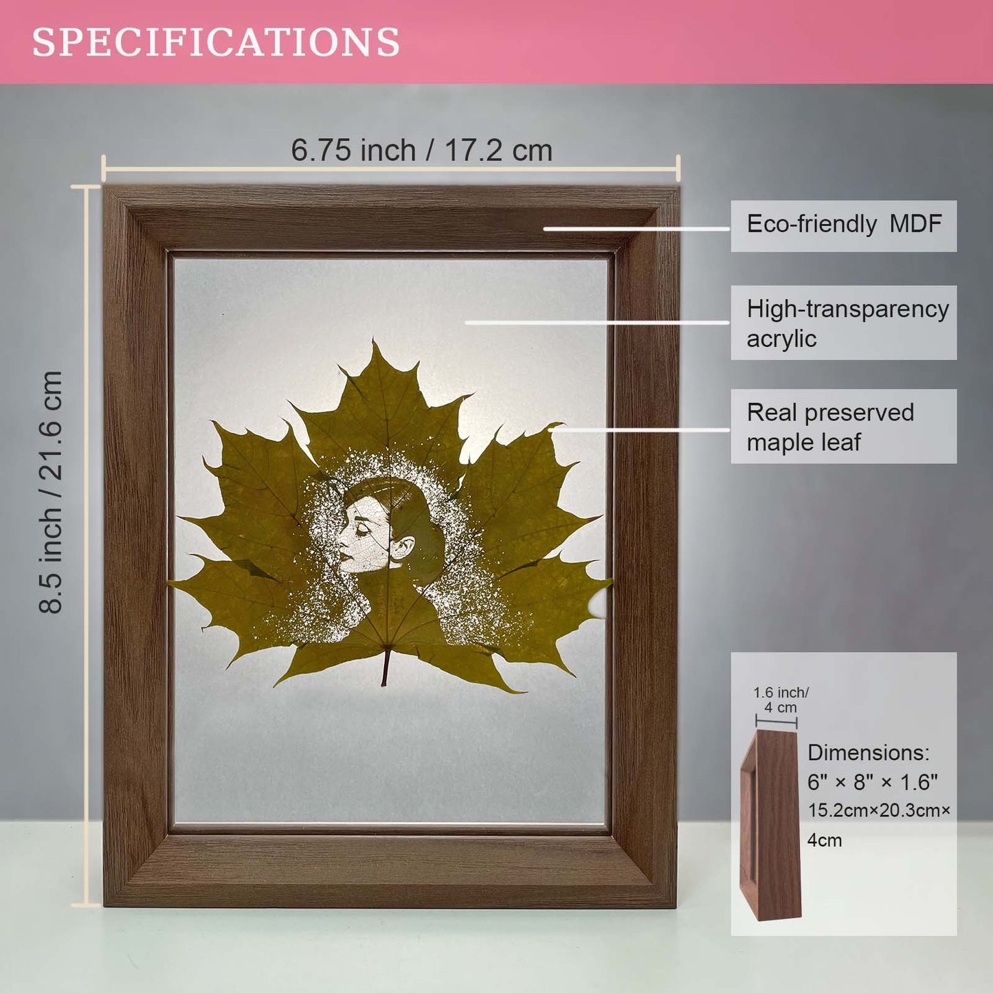 Framed artwork with a leaf design and specifications on a gray background