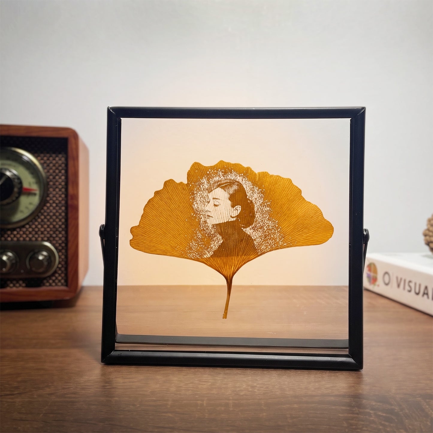 Ginkgo Leaf Art – Personalized Photo Carving in Black Metal Frame | LaMem