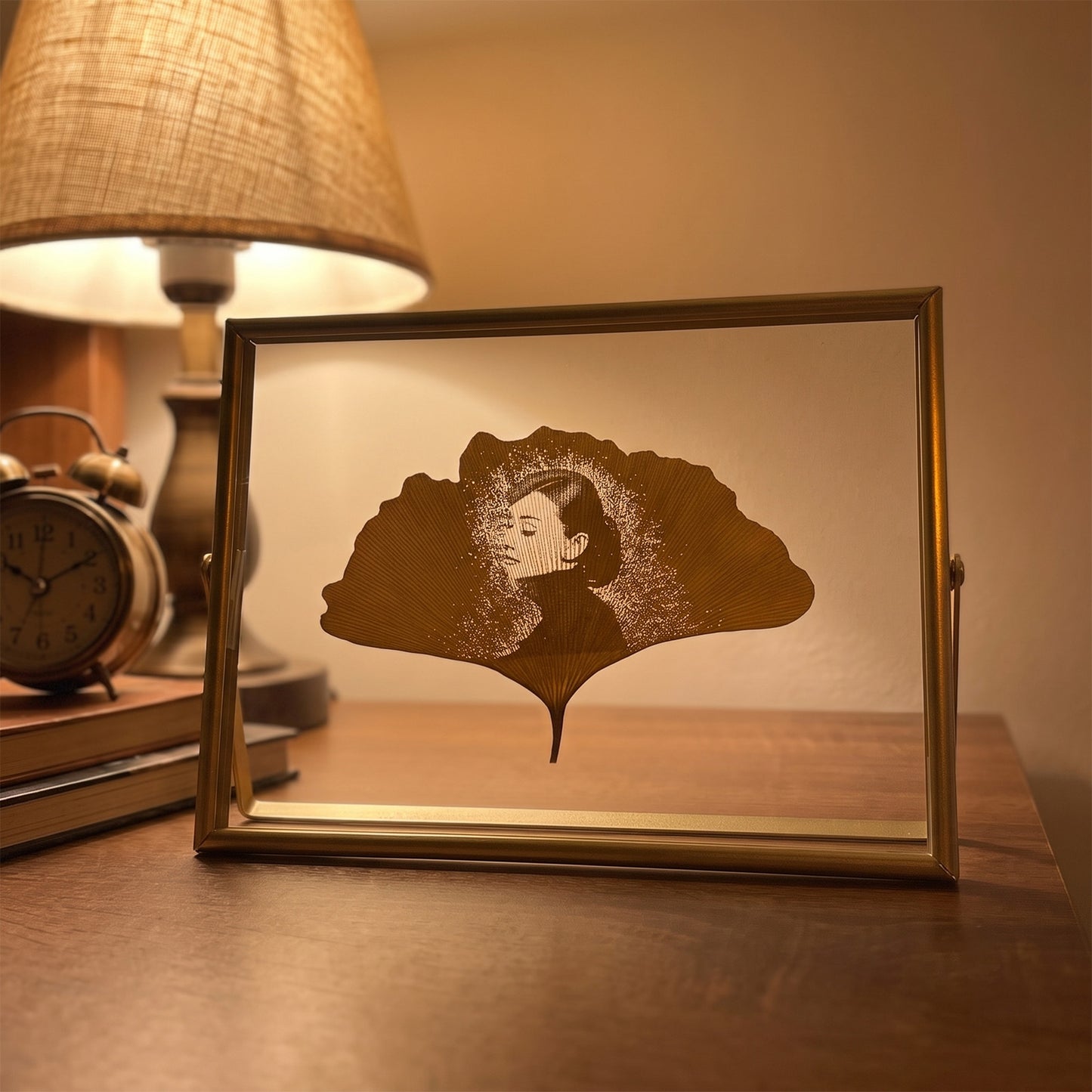 Ginkgo Leaf Art – Personalized Photo Carving in 6x8 Gold Metal Frame | LaMem