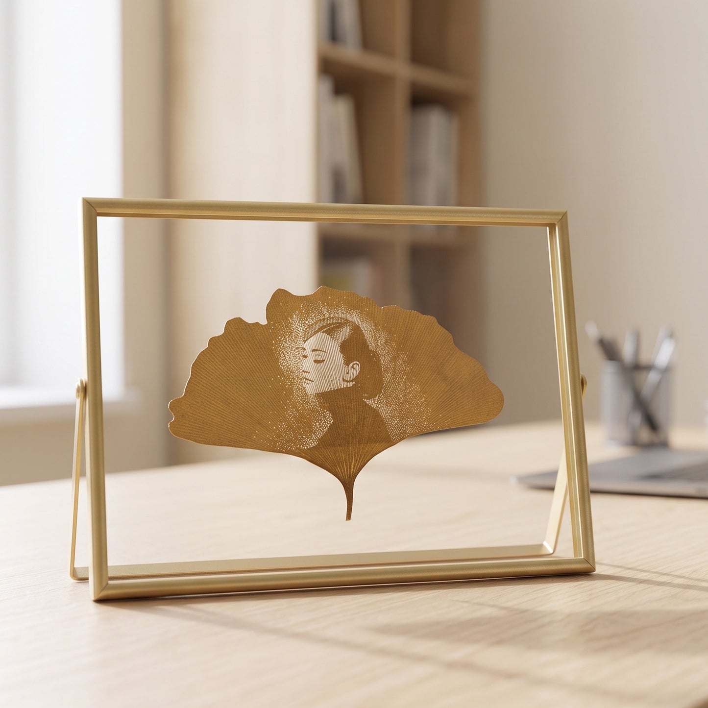 Ginkgo Leaf Art – Personalized Photo Carving in 6x8 Gold Metal Frame | LaMem