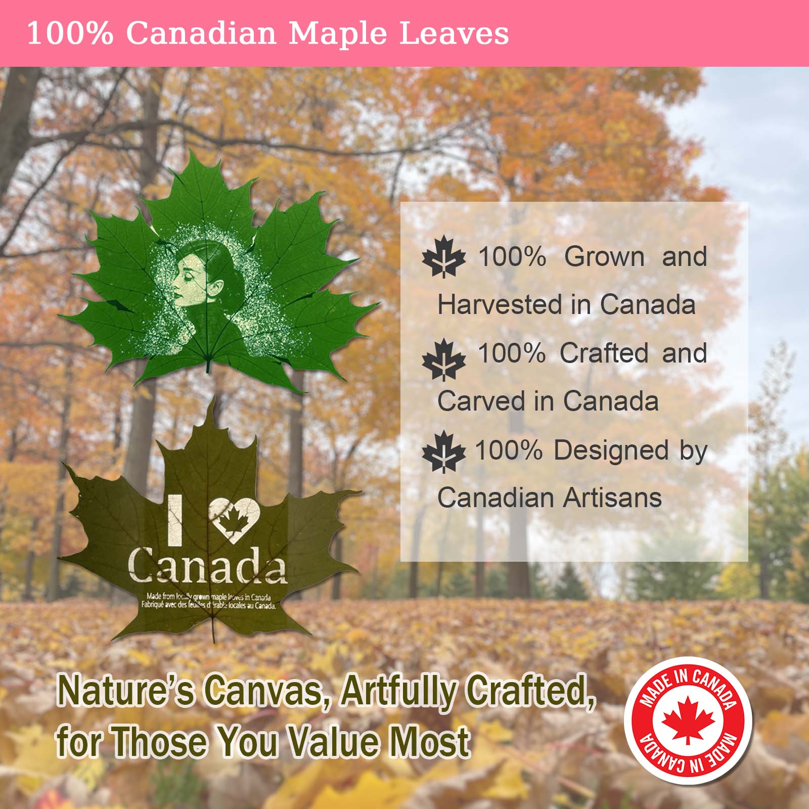 Promotional image of maple leaf products with text about Canadian origin and craftsmanship, set against a background of autumn trees.