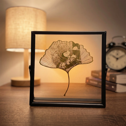 Skeletonized Ginkgo Leaf Art – Personalized Photo Carving in Black Metal Frame | LaMem