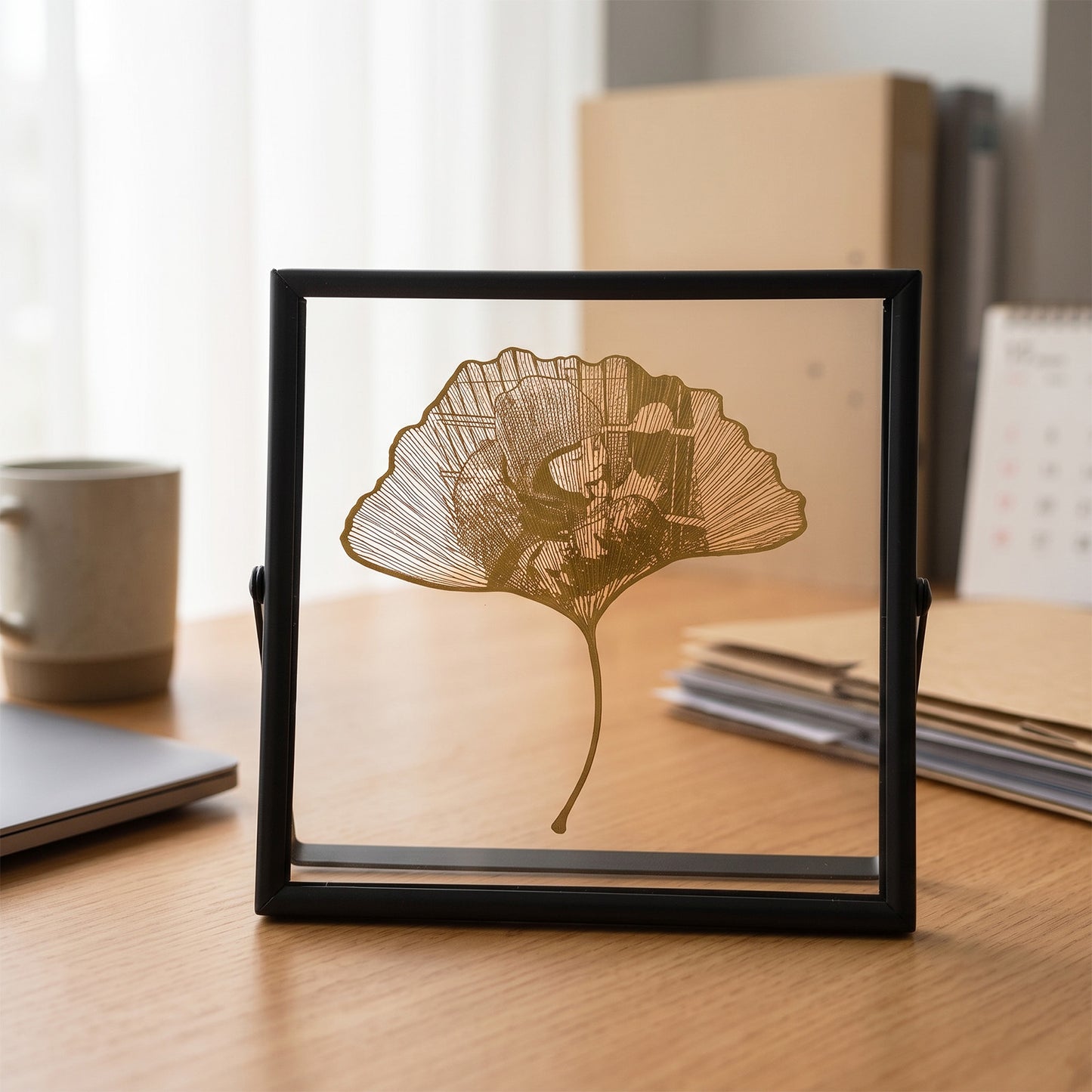 Skeletonized Ginkgo Leaf Art – Personalized Photo Carving in Black Metal Frame | LaMem