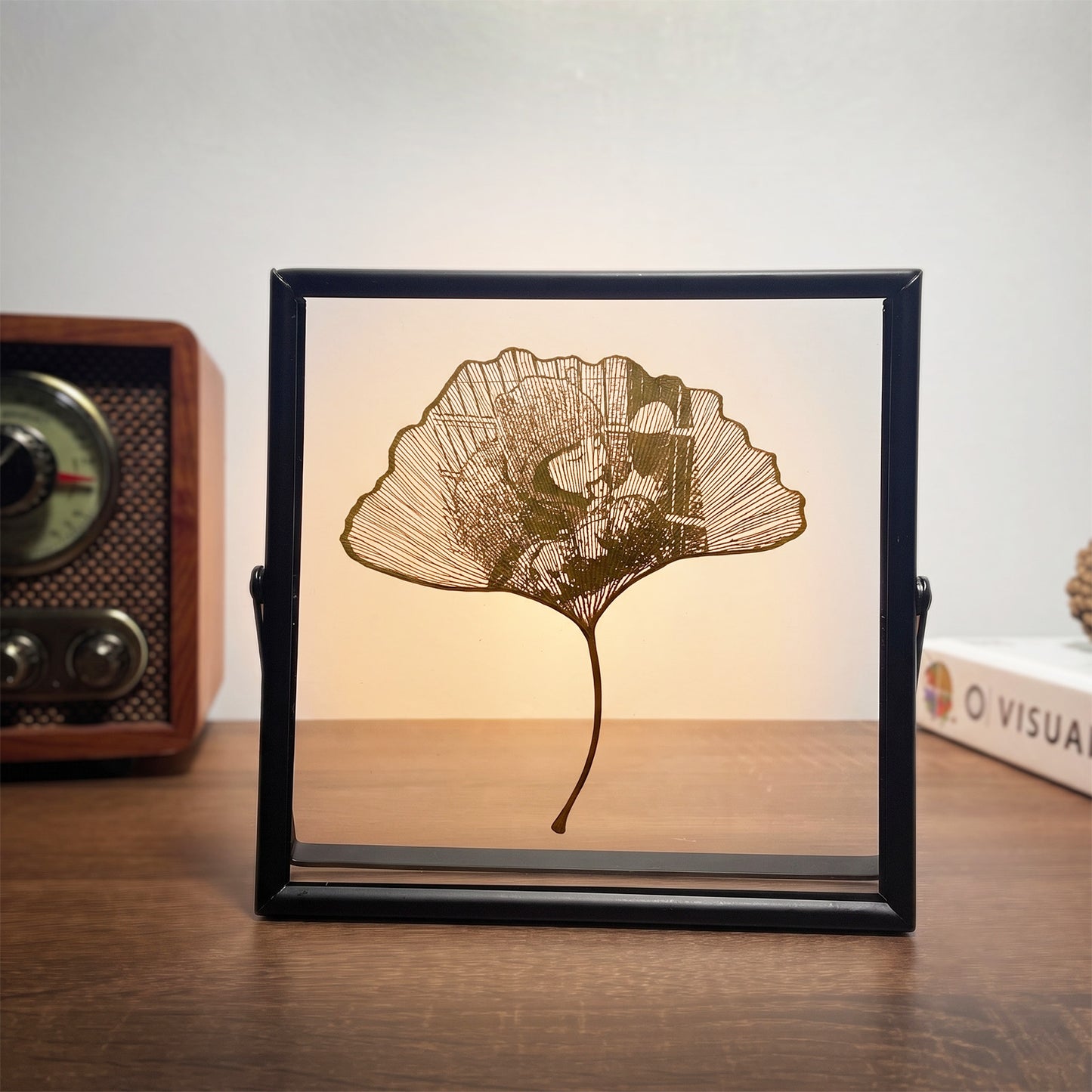 Skeletonized Ginkgo Leaf Art – Personalized Photo Carving in Black Metal Frame | LaMem