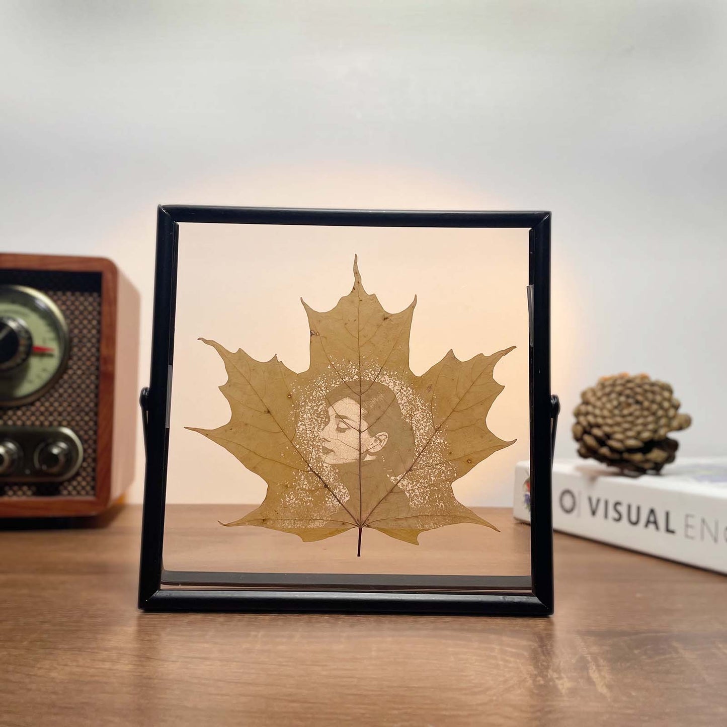 Sugar Maple Leaf Art – Personalized Photo Carving in Black Metal Frame | LaMem