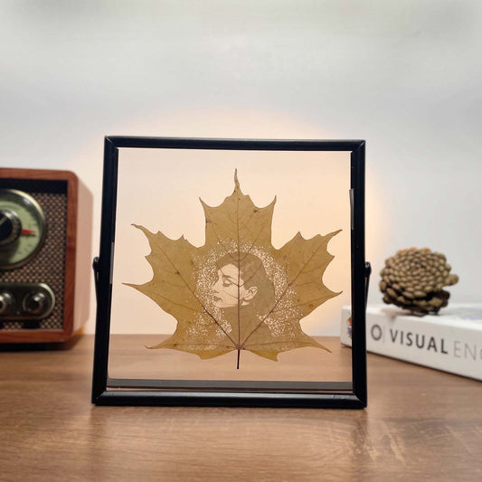 Sugar Maple Leaf Art – Personalized Photo Carving in Black Metal Frame | LaMem