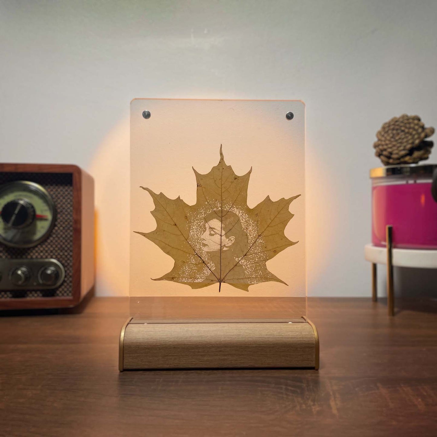 Sugar Maple Leaf Art – Personalized Photo Carving in Frameless Display with Walnut Base | LaMem