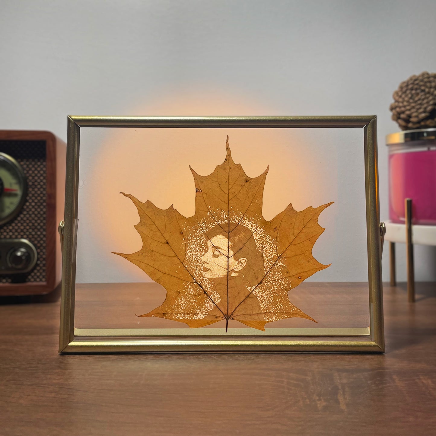 Sugar Maple Leaf Art – Personalized Photo Carving in Gold Metal Frame | LaMem