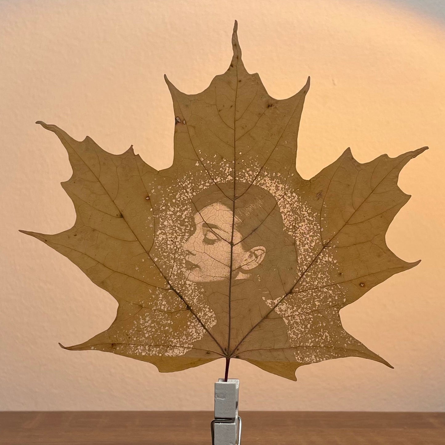 A dried maple leaf artwork mounted on a small stand, featuring a portrait engraving in the center against a warm beige wall background.