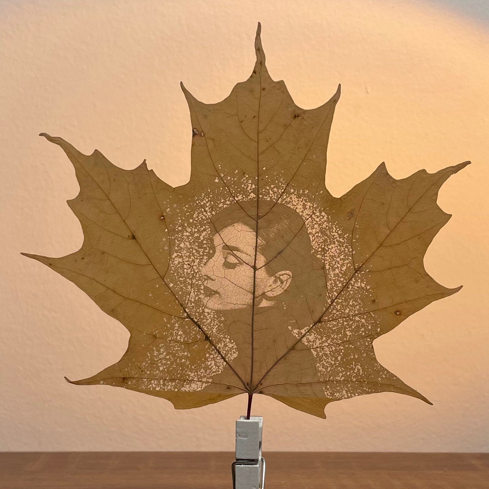 A dried maple leaf artwork mounted on a small stand, featuring a portrait engraving in the center against a warm beige wall background.