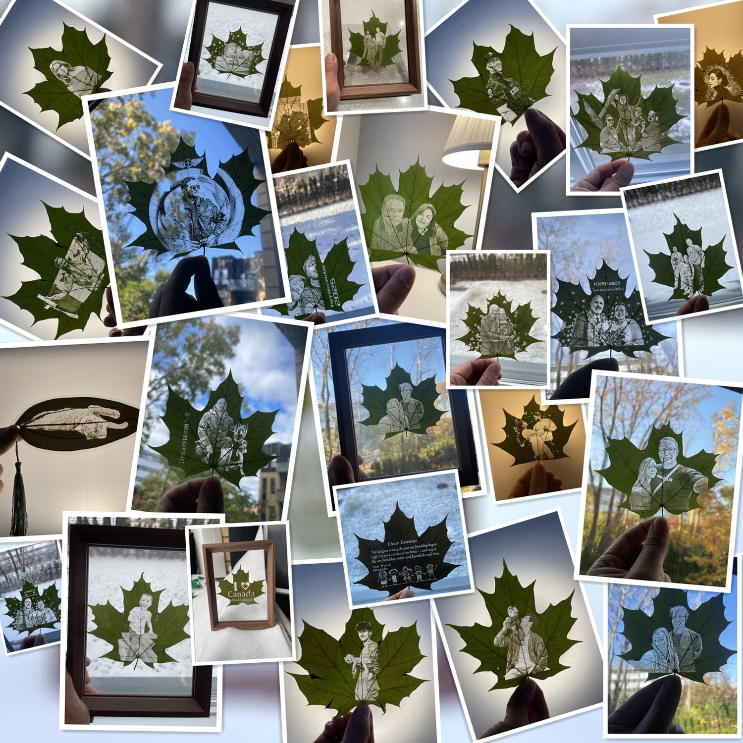 A collage showcasing various custom maple leaf engravings, including family portraits, couples, pets, and heartfelt messages, held against diverse Canadian backdrops, some framed and others with tassels, reflecting a range of personalized gifts available at lamem.ca, our Canadian e-commerce site.