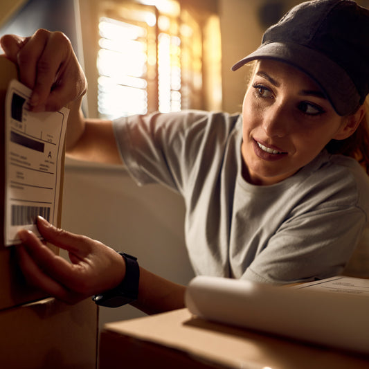 Person applying a label to a package indoors with warm lighting